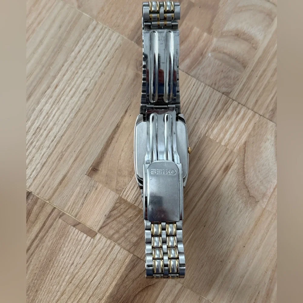 Seiko Rare Vintage Tank Watch Rectangular Gray Dial Two-Tone Case Bracelet Date